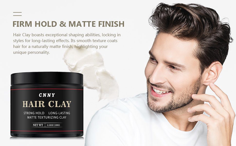 Product infographic for CNNY Hair Clay showing a jar of the styling product on the left, an open jar revealing the white clay texture on the right, and icons highlighting features like 24H long-lasting hold, easy to wash, and matte finish.